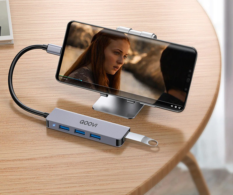 USB Type-C хаб концентратор / розгалужувач для ноутбука Qoovi Silver, на 4 порти USB - фото 3 - id-p1664828739