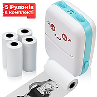 Портативный термопринтер JETIX Mini printer Blue | Детский принтер с набором термобумаги в комплекте