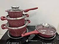 Набор кастрюль и сковорода с гранитным антипригарным покрытием Higher Kitchen HK-315 7 предметов КРАСНЫЙ BF