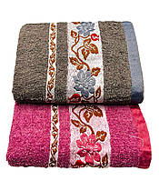 Набор полотенец 2 шт (Махра) | Полотенца для лица и рук "Листочки, цветочки" | Коричневый, розовый, 50х100 см