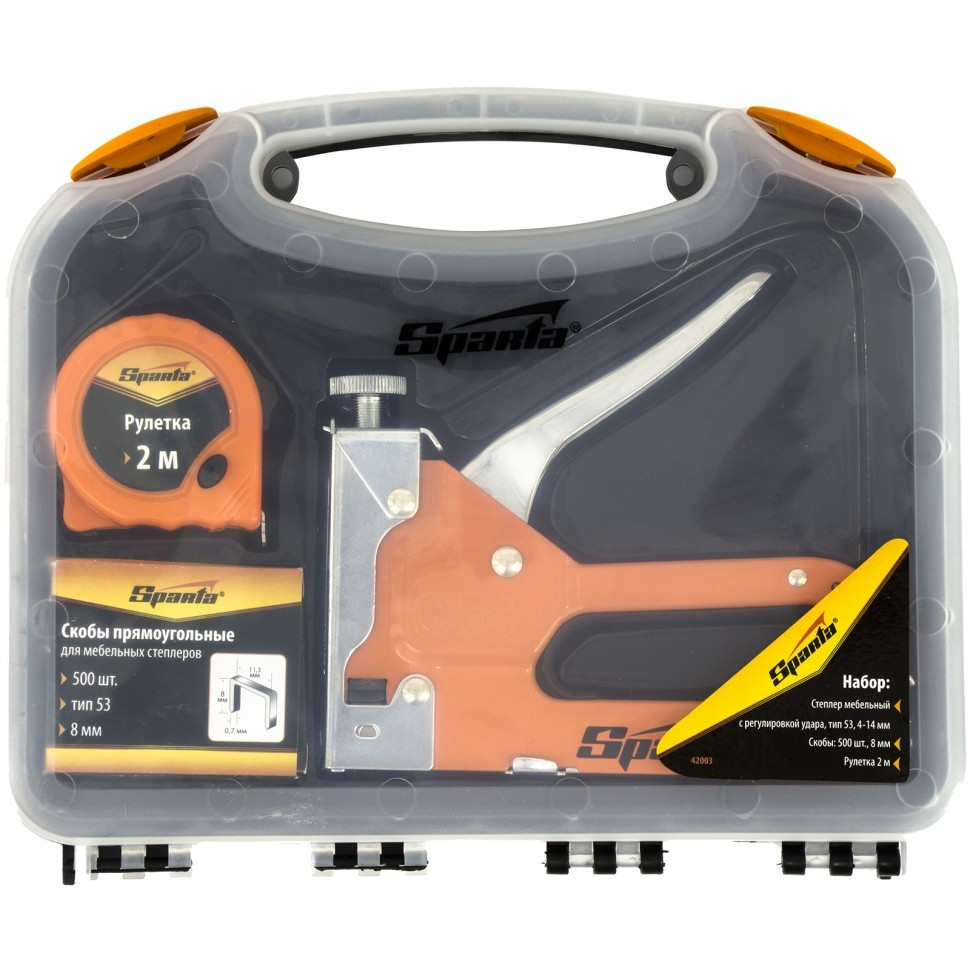 Набір: степлер меблевий регульований, скобі 500 шт, рулетка 2 м, тип скобі 53, 6-14 мм, SPARTA, фото 1