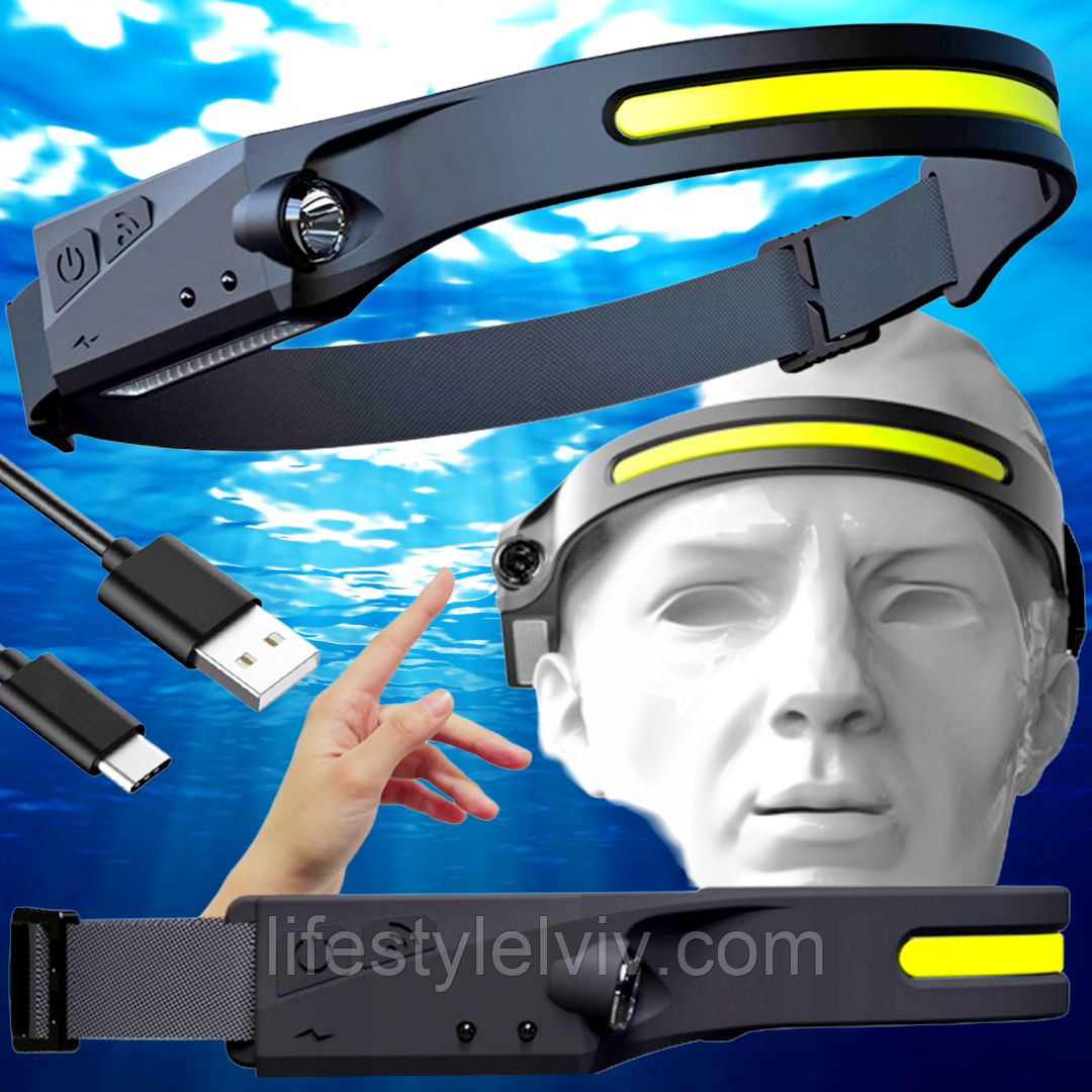 Налобний ліхтарик 2в1 BL-G28-XPE+COB з датчиком руху / Акумуляторний сенсорний USB ліхтар, фото 1