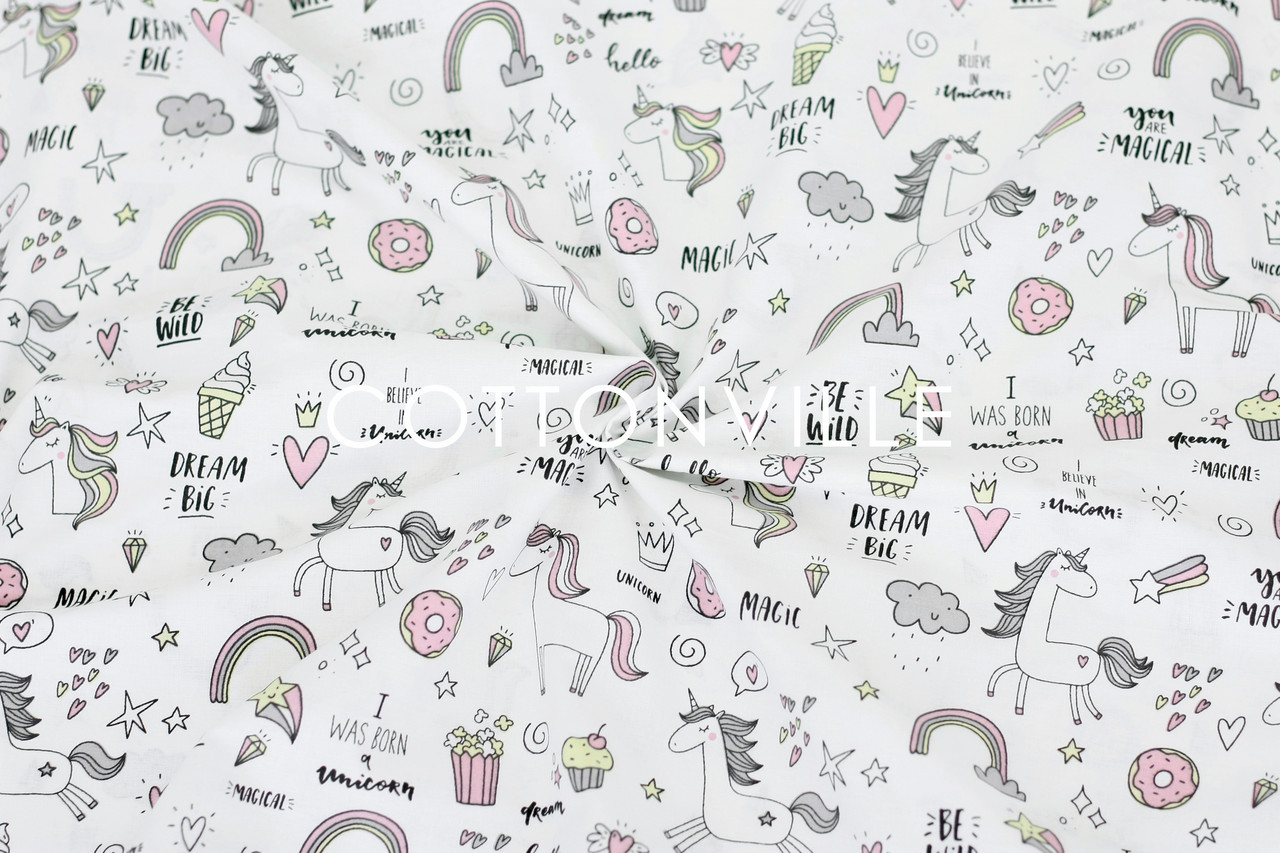 Ранфорс 240 см Єдинорожки сіро-рожеві