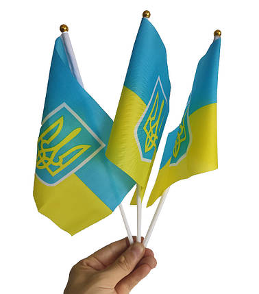 Прапорець України з Гербом набір із 3-х штук поліестер 14*21 см на паличці з присоско, фото 1