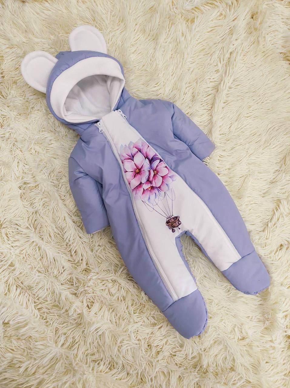 Теплий комбінезон для новонароджених дівчаток 56 - 62 розмір, принт квіти, фото 1