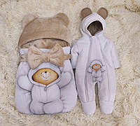 Теплый комплект верхней одежды для новорожденных, спальник + комбинезон 56 - 62 размер, принт белый Мишка