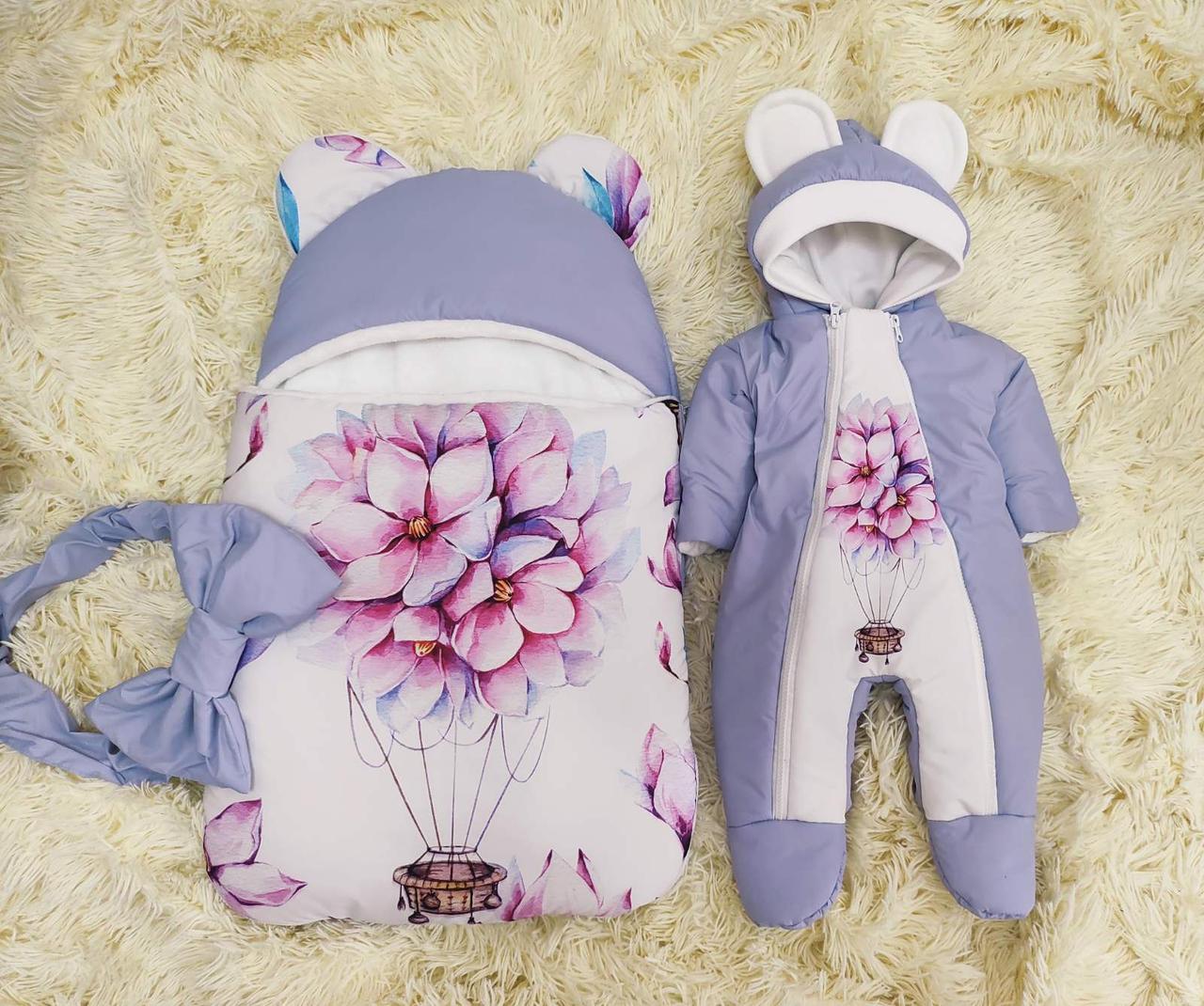 Верхній одяг для новонароджених дівчаток спальник + комбінезон, блакитний, принт квіти