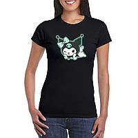 Детская черная футболка с принтом "Onegai My Melody. Онэгай Май Мэроди. Kuromi зеленый бантик" Push IT