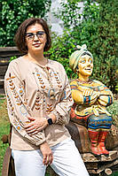 Вышиванка льняная женская бежевая с колосками и подсолнухам. Современная блузка вышиванка Размер 108