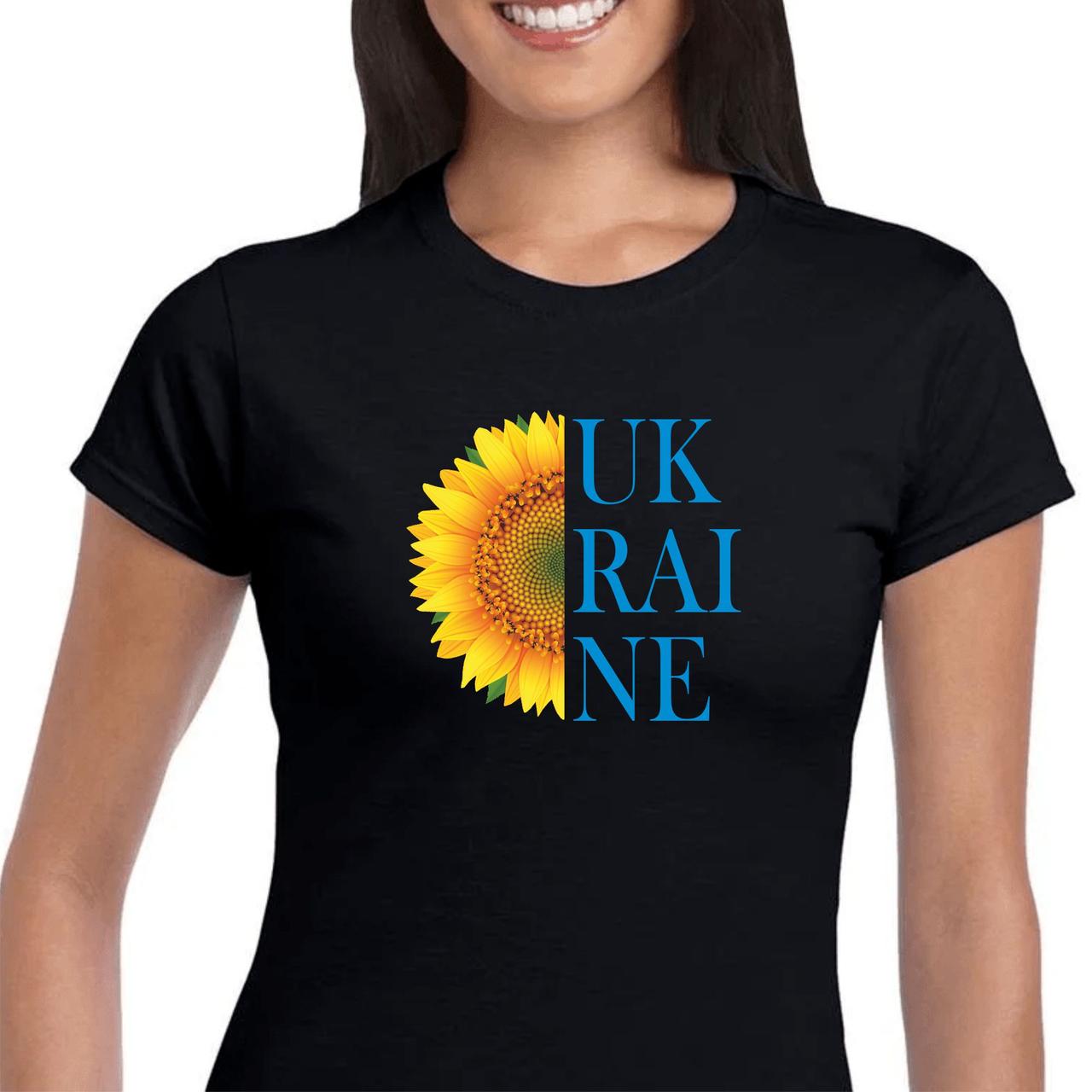 Футболка жіноча чорна бавовняна «Україна» р. S, M, L, XL, 2XL / Красиві футболки з принтом патріотичні, фото 1