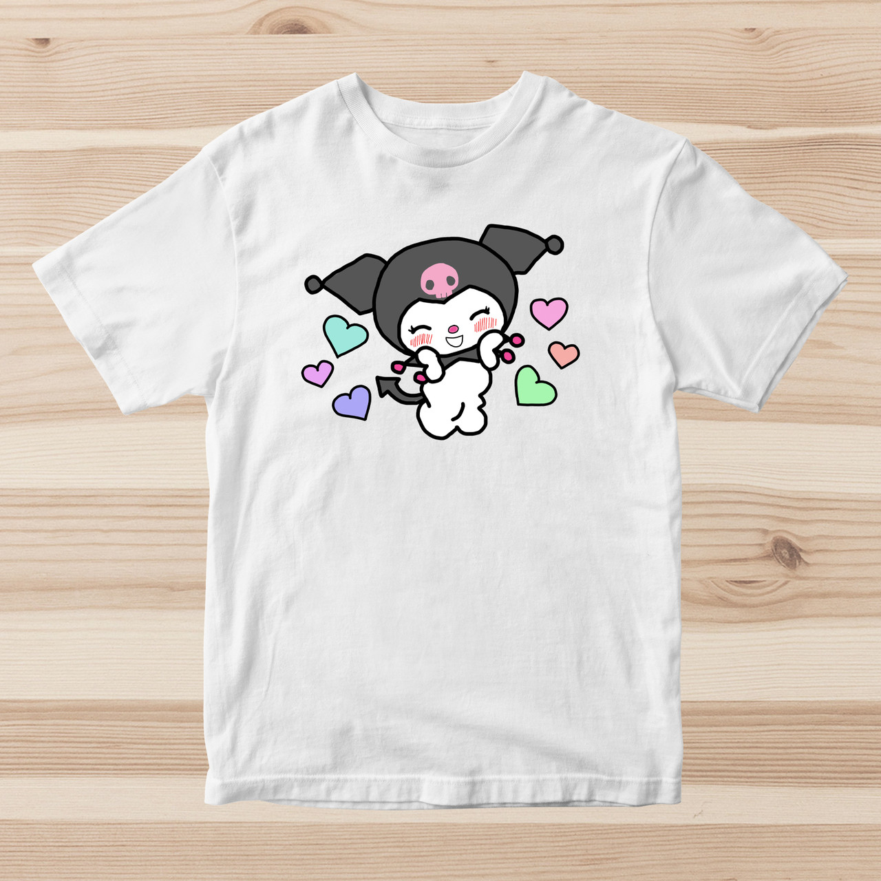 Дитяча біла футболка з принтом "Onegai My Melody. Онегай Май Мэроди. Kuromi кольорові сердечки" Push IT