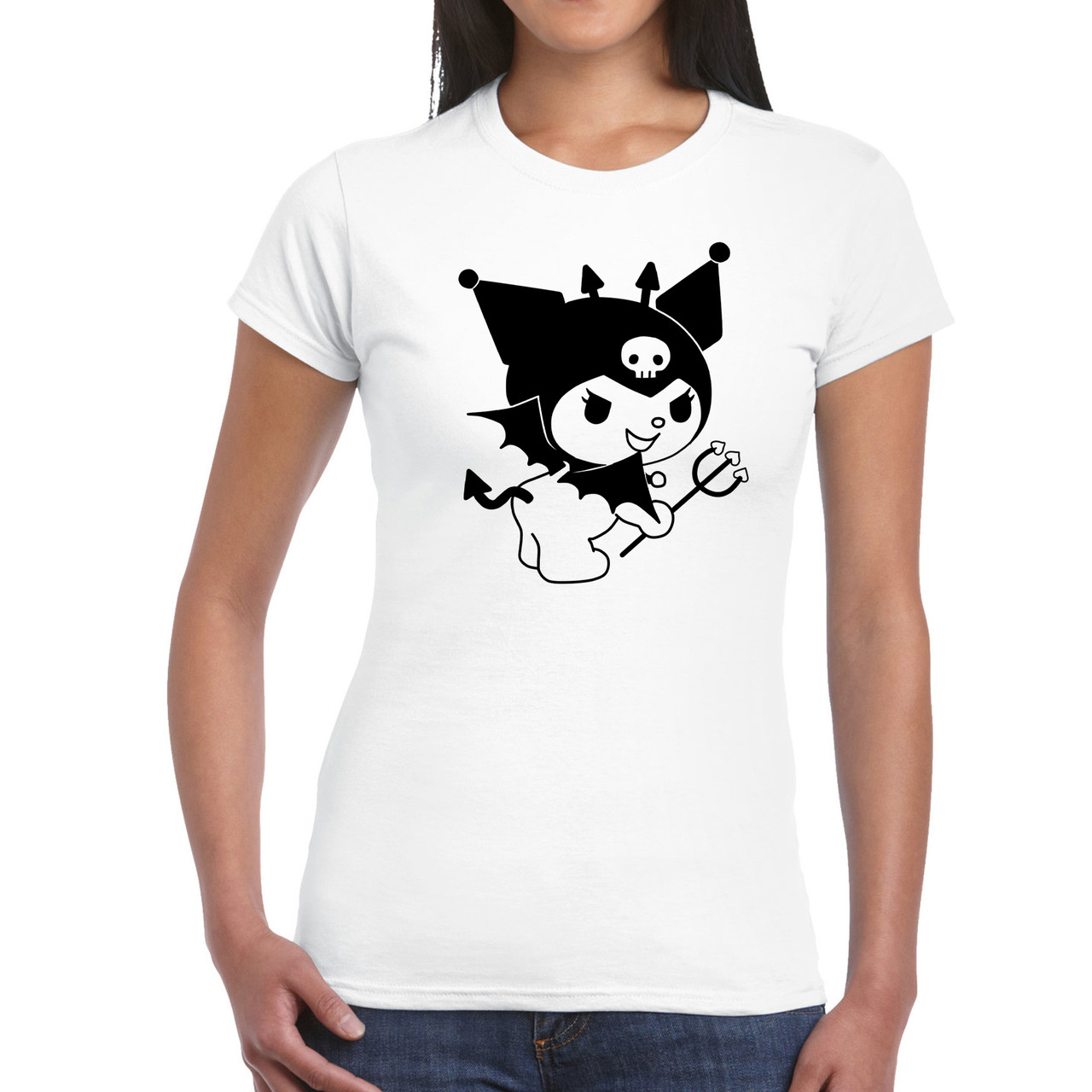 Дитяча біла футболка з принтом "Onegai My Melody. Онегай Май Мэроди. Kuromi в костюмі чортівка" Push IT