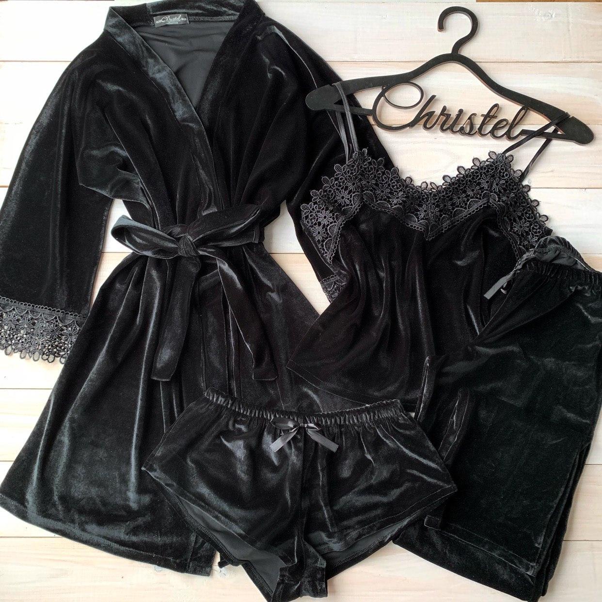 Комплект піжама четвірка (халат, майка, штани, шорти) оксамит з мереживом Christel 061 чорний M, фото 1