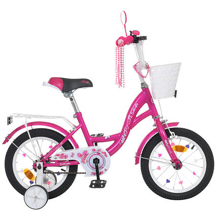 Велосипед дитячий двоколісний з кошиком PROF1 Butterfly Y1426-1 14 дюймів Малиновий, фото 1