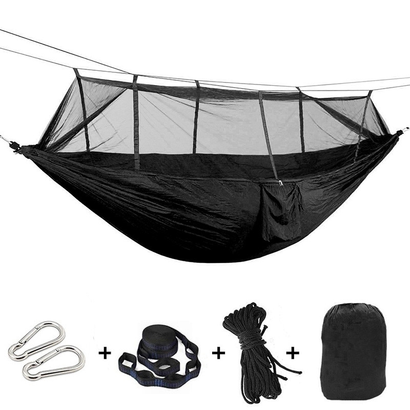 Гамак туристичний з антимоскітною сіткою 260 х 130 см до 200 кг чорний, фото 1