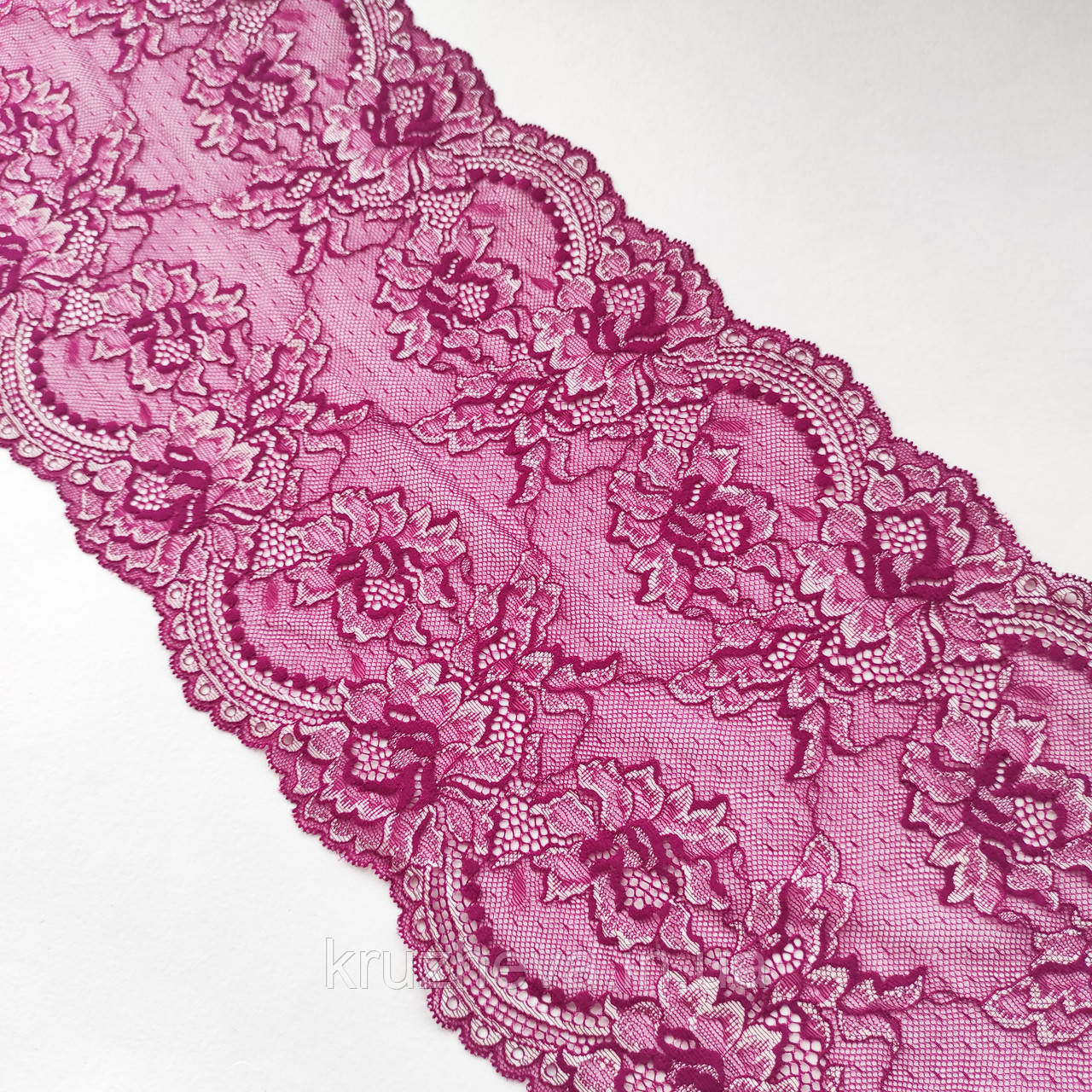 Стрейчеве (еластичне) мереживо яскраво-рожевого із сріблястим відтінків, шириною 22,5 см