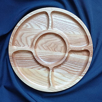 Менажниця дерев'яна дошка для подачі страв кругла на 5 секцій двостороння з ясеня