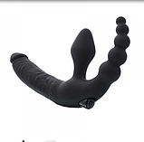 Безремневий страпон для двох із потрійною стимуляцією 10 режимів, двосторонній вібратор, інтимні іграшки, фото 2