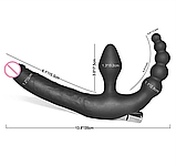 Безремневий страпон для двох із потрійною стимуляцією 10 режимів, двосторонній вібратор, інтимні іграшки, фото 8