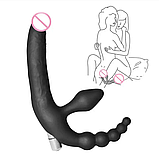 Безремневий страпон для двох із потрійною стимуляцією 10 режимів, двосторонній вібратор, інтимні іграшки, фото 9