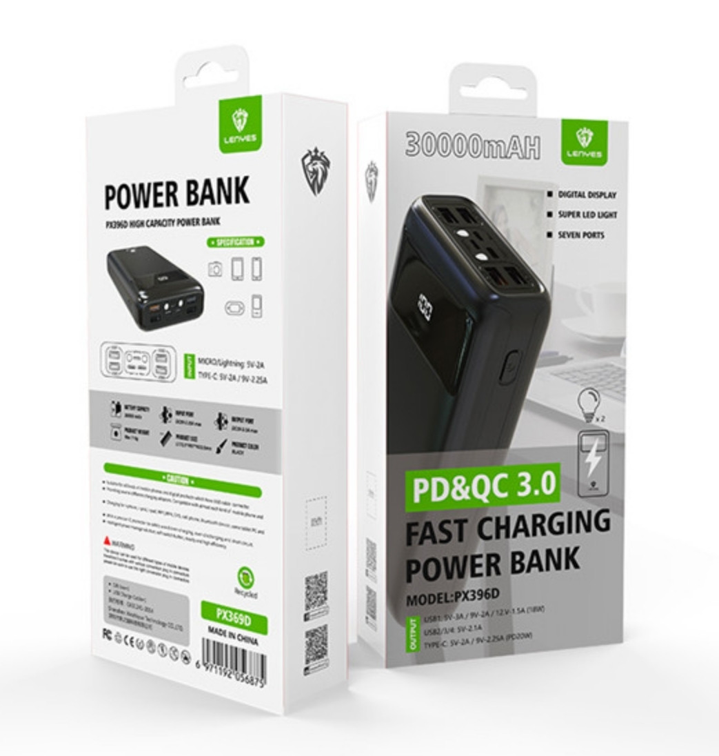 Зовнішній акумулятор повербанк power bank Lenyes PX396D 30000 mAh  ⁇ 4USB/Type-C, PD/QC, 3A/20W ⁇  black