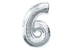 Кулька цифра 6, 75см, в індивідуальній упаковці, срібло, пак. 20*14см