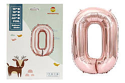 Кульки цифри в індивідуальному впакуванні з кольоровим картоном: рожеве золото, 75см. цифра 0, пак. 20*14см
