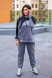Велюровий жіночий спортивний костюм двоколірний демісезонний батального розміру, колір сірий, синій, моко