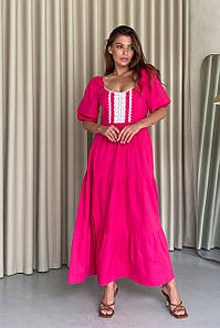 Жіноча літня довга лляна сукня вишиванка 3153-04 Малиновий