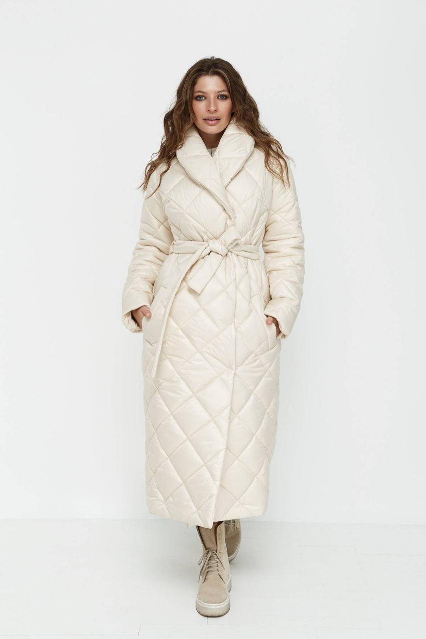 Пальто жіноче зимове стьобане з поясом молочне 3281-01, фото 1