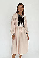 Платье женское вельветовое повседневное по колено с кружевом бежевое 3341-01
