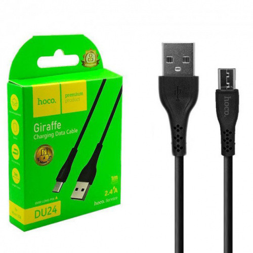 Кабель Hoco DU24 USB - MicroUSB 2.4A/1m (довгий конектор) (Чорний)