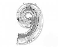 Фольгированный шар Цифра "9" под гелий, 70см , цвет - серебро