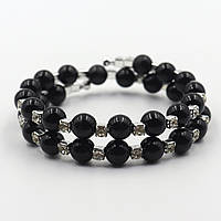 Браслет багаторядний сріблястого кольору з кристалами ширина 9 мм 2 ряди каменів і намистин чорного кольору