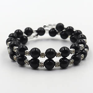 Браслет багаторядний сріблястого кольору з кристалами ширина 9 мм 2 ряди каменів і намистин чорного кольору