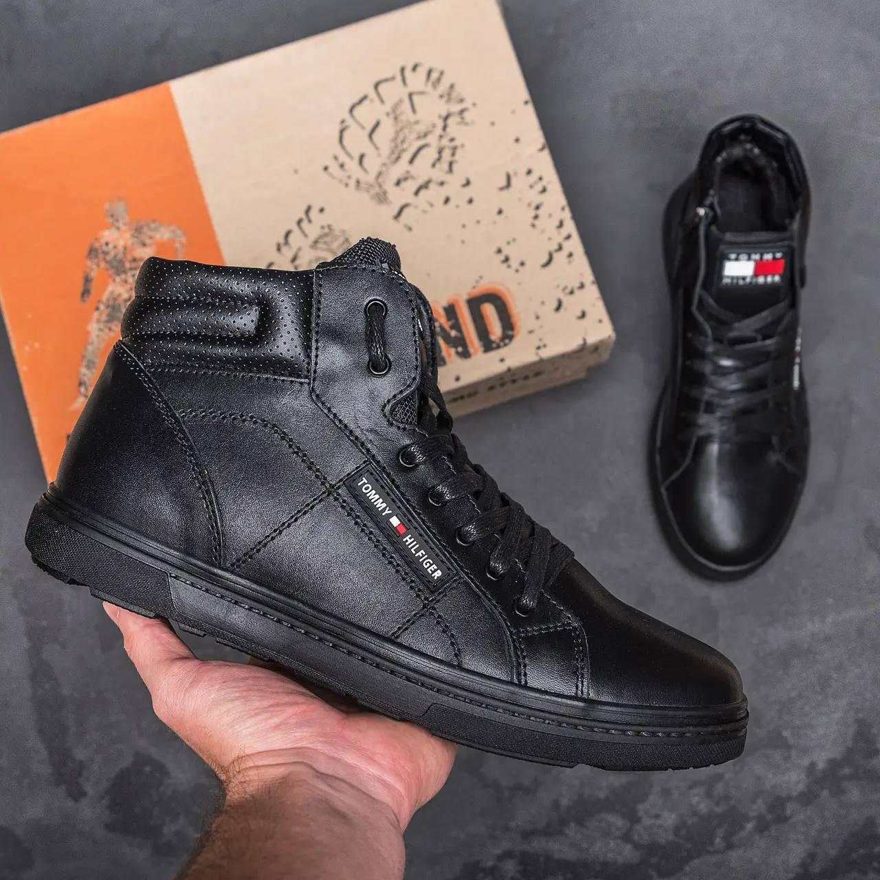 Чоловічі зимові черевики Tommy Hilfiger Black, чоловічі теплі шкіряні черевики, молодіжні зимові кросівки