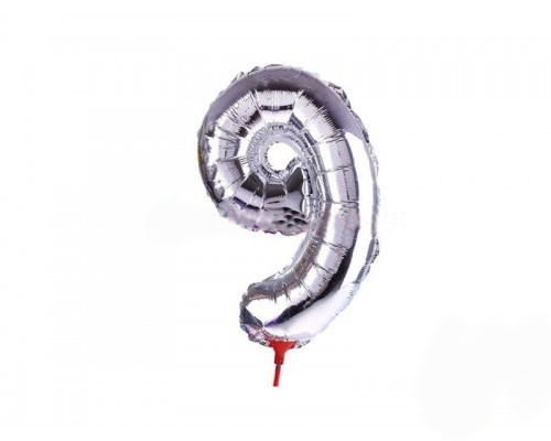 Фольгована куля Цифра "9" на паличці, 35см, колір - срібло