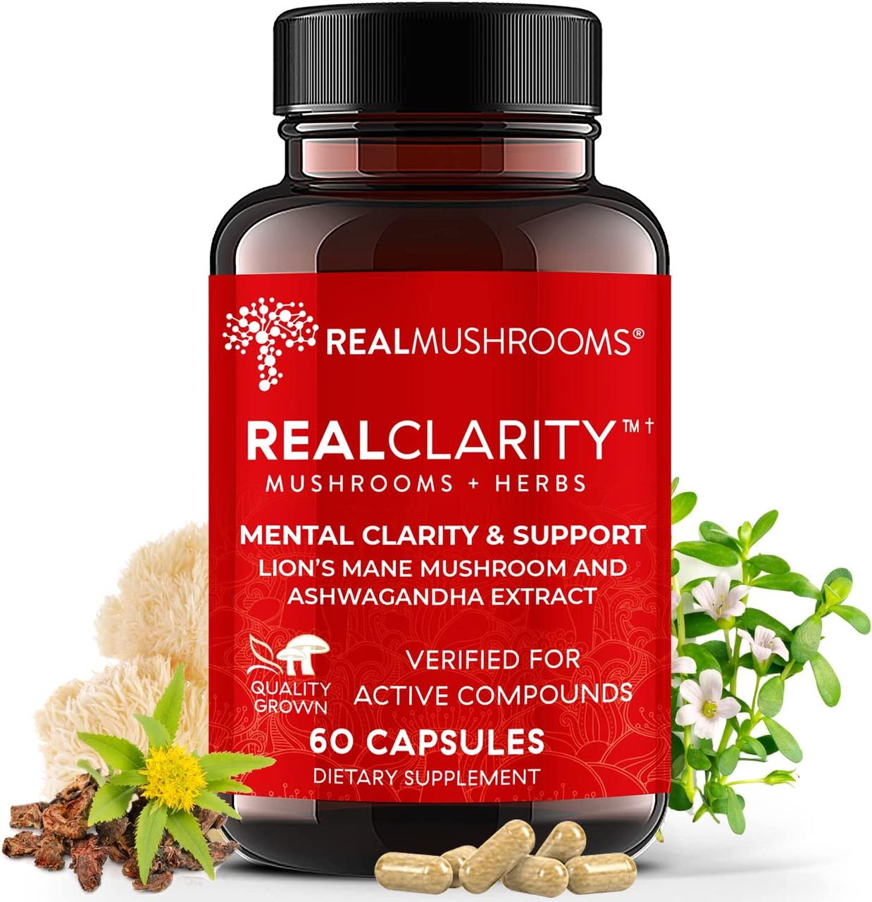 Real Mushrooms RealClarity / Суміш для ясності розуму - Їжовик гребінчастий, Ашваганда, Родіола та Бакопа 60 капс