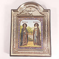 Икона Зосиме и Савватию Соловецким преподобным чудотворцам, лик 10х12 см, в пластиковой черной рамке