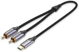 Аудіо кабель Vention Type-C на 2RCA Hi-Fi шумозаглушення, кілька процесів екранування, висококласний чіп аудіодекодера 1 м Чорний
