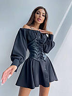 Платье - рубашка с открытыми плечами и кожаным корсетом на талии (р. 42-44) 66PL2080Е черный