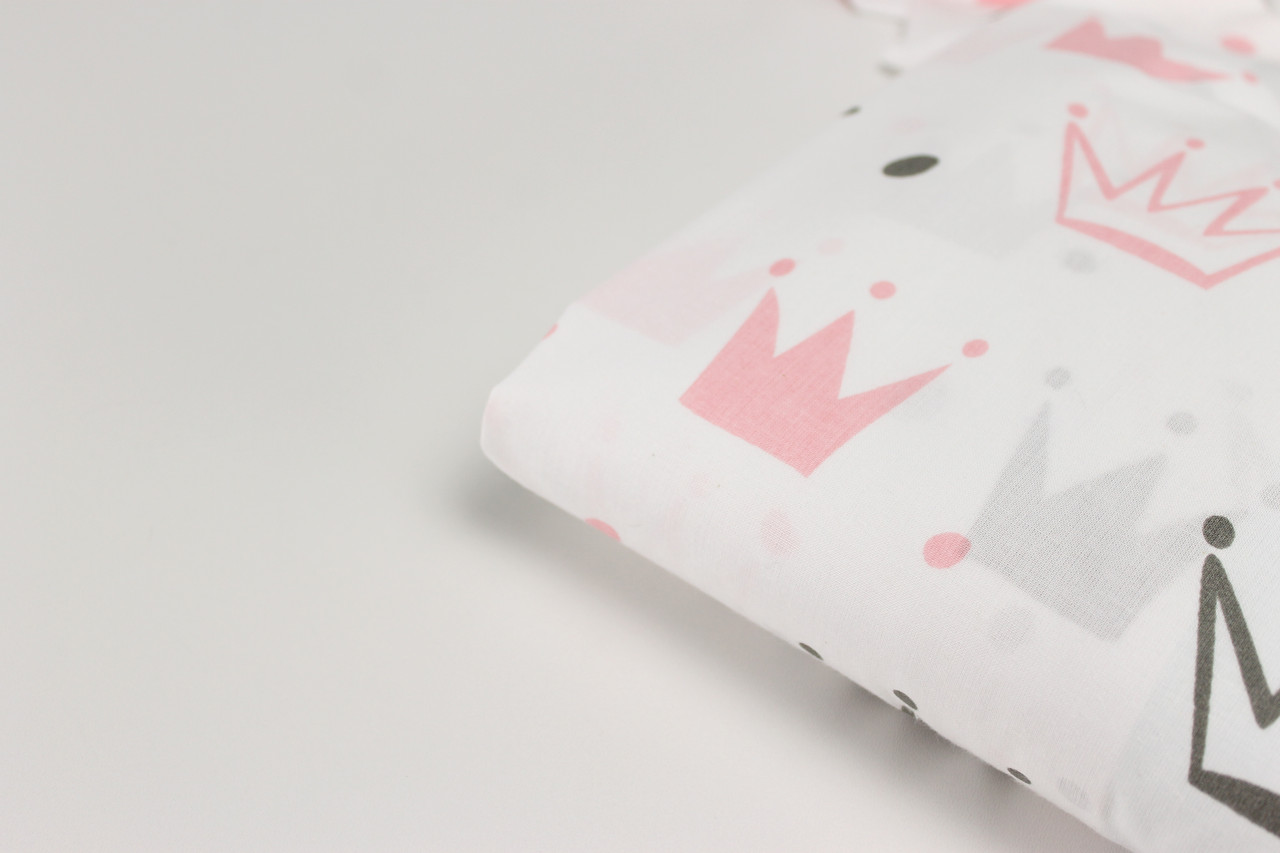 Лоскуток. Тканина бавовняна "Корони" сірі та коралово-рожеві на білому тлі 23*160 см, фото 1