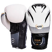 Перчатки боксерские кожаные на липучке VENUM NEW ELITE VL-2042 (р-р 14oz, белый-черный)