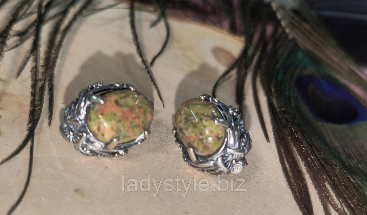 Срібні сережки з епідотом (унакитом), фото 1