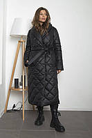 Женское черное стеганое пальто ниже колен