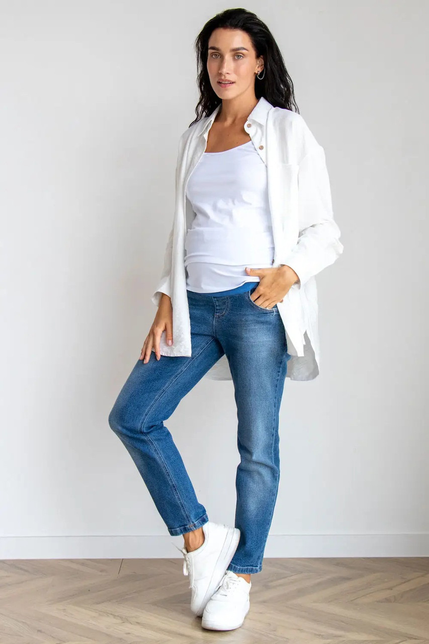 Сині джинси для вагітних Mom's Jeans зі щільної стрейчової джинсової тканини з високою талією, 5276501-С