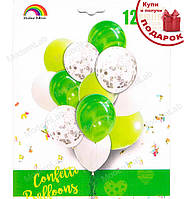 Повітряні кульки "Set", 12 шт., агат, зелений, білий, прозорий + конфетті
