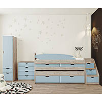Дитяча стінка з двоярусним ліжком та столом Савана 354 см дуб крафт сірий з фасадом блакитна лагуна