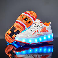 Роликовые светящиеся кроссовки Led на 4 колесах, USB зарядка, премиум качество, белые (RKL-32)