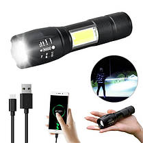 Ліхтар ручний BL-T6-29-T6+COB універсальний із зарядкою USB, з фокусуванням, бічне світло, фото 3